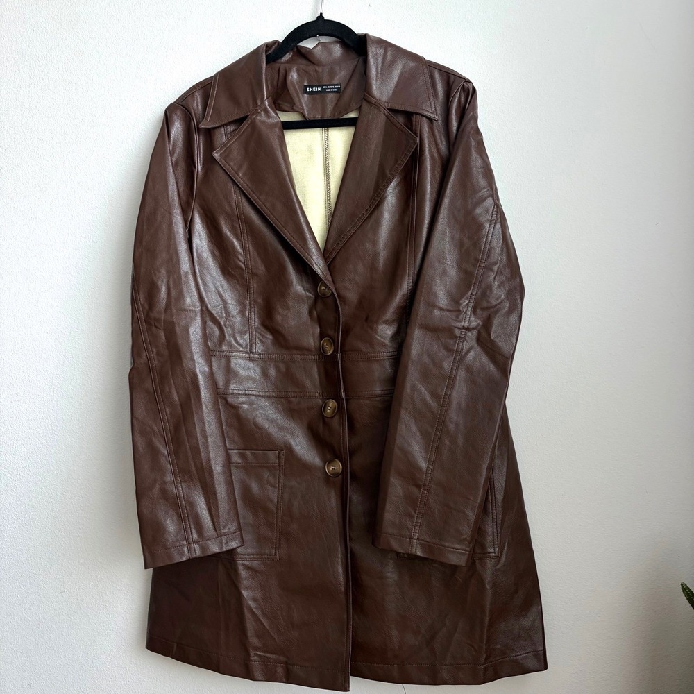 SHEIN Brown Faux Leather Trench Coat Jacket Size L US 8/10 sw220812734124